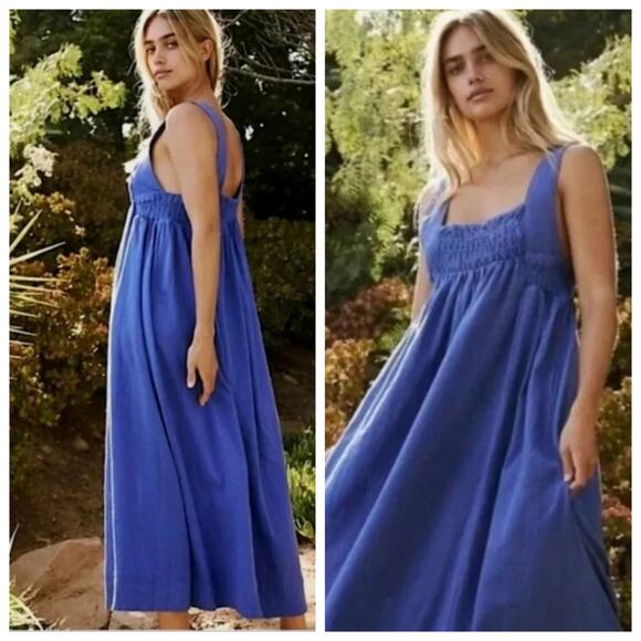 Free People Delphine Birdsong Blue Midi Maxi Dress Smocked 100% Cotton - Picture 1 of 13
